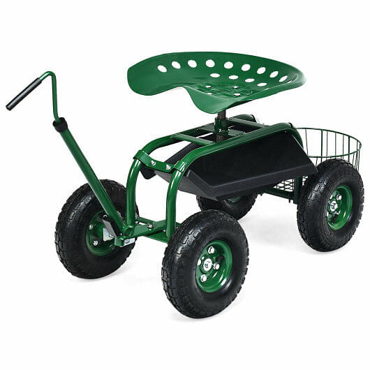 Blue rolling garden cart scooter with extendable handle, rubber tires, and under-seat tool storage tray. — view 15