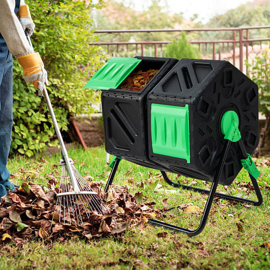 Black and green dual chamber rotating compost tumbler on a sturdy powder-coated metal frame. — view 2