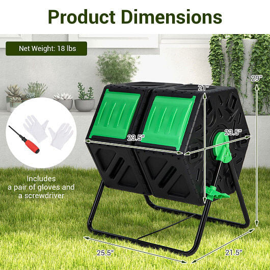 Black and green dual chamber rotating compost tumbler on a sturdy powder-coated metal frame. — view 4