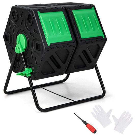 Black and green dual chamber rotating compost tumbler on a sturdy powder-coated metal frame. — view 5