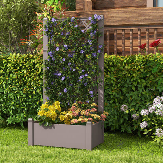 Greyish-white self-watering raised garden bed with adjustable vertical trellis for outdoor climbing plants.