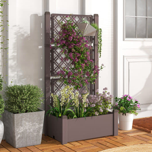 Greyish-white self-watering raised garden bed with adjustable vertical trellis for outdoor climbing plants. — view 2