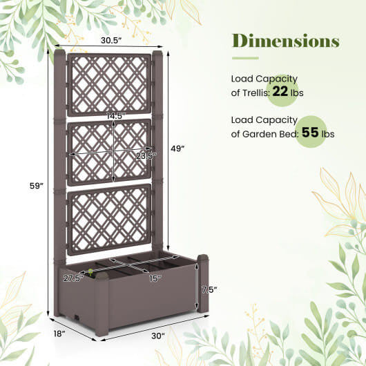 Greyish-white self-watering raised garden bed with adjustable vertical trellis for outdoor climbing plants. — view 3