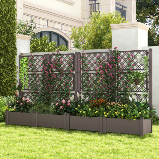 Greyish-white self-watering raised garden bed with adjustable vertical trellis for outdoor climbing plants. — view 4
