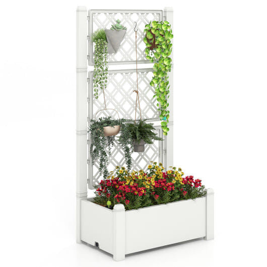 Greyish-white self-watering raised garden bed with adjustable vertical trellis for outdoor climbing plants. — view 5