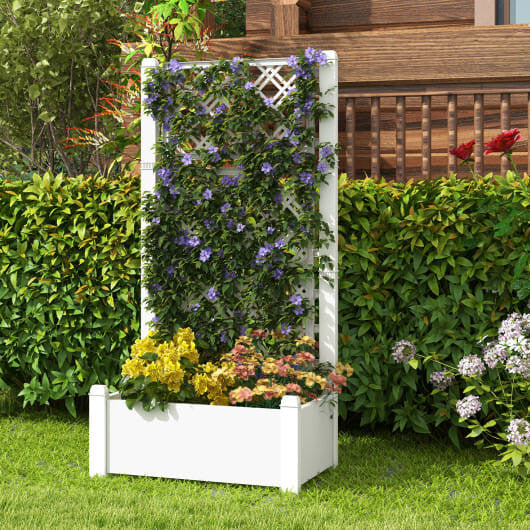 Greyish-white self-watering raised garden bed with adjustable vertical trellis for outdoor climbing plants. — view 6