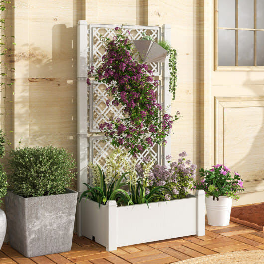 Greyish-white self-watering raised garden bed with adjustable vertical trellis for outdoor climbing plants. — view 7