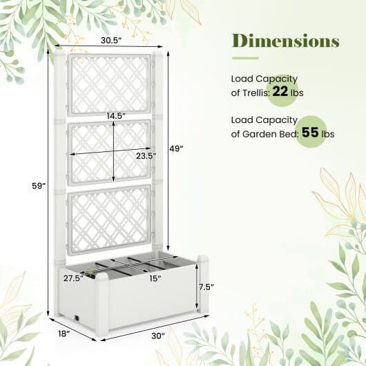 Greyish-white self-watering raised garden bed with adjustable vertical trellis for outdoor climbing plants. — view 8
