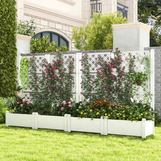 Greyish-white self-watering raised garden bed with adjustable vertical trellis for outdoor climbing plants. — view 9