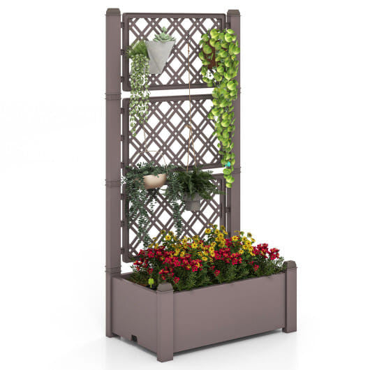 Greyish-white self-watering raised garden bed with adjustable vertical trellis for outdoor climbing plants. — view 10