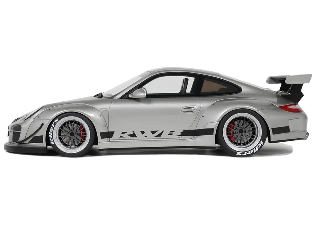 2024 Porsche 911 RWB 1/18 scale model car in silver metallic with a black hood