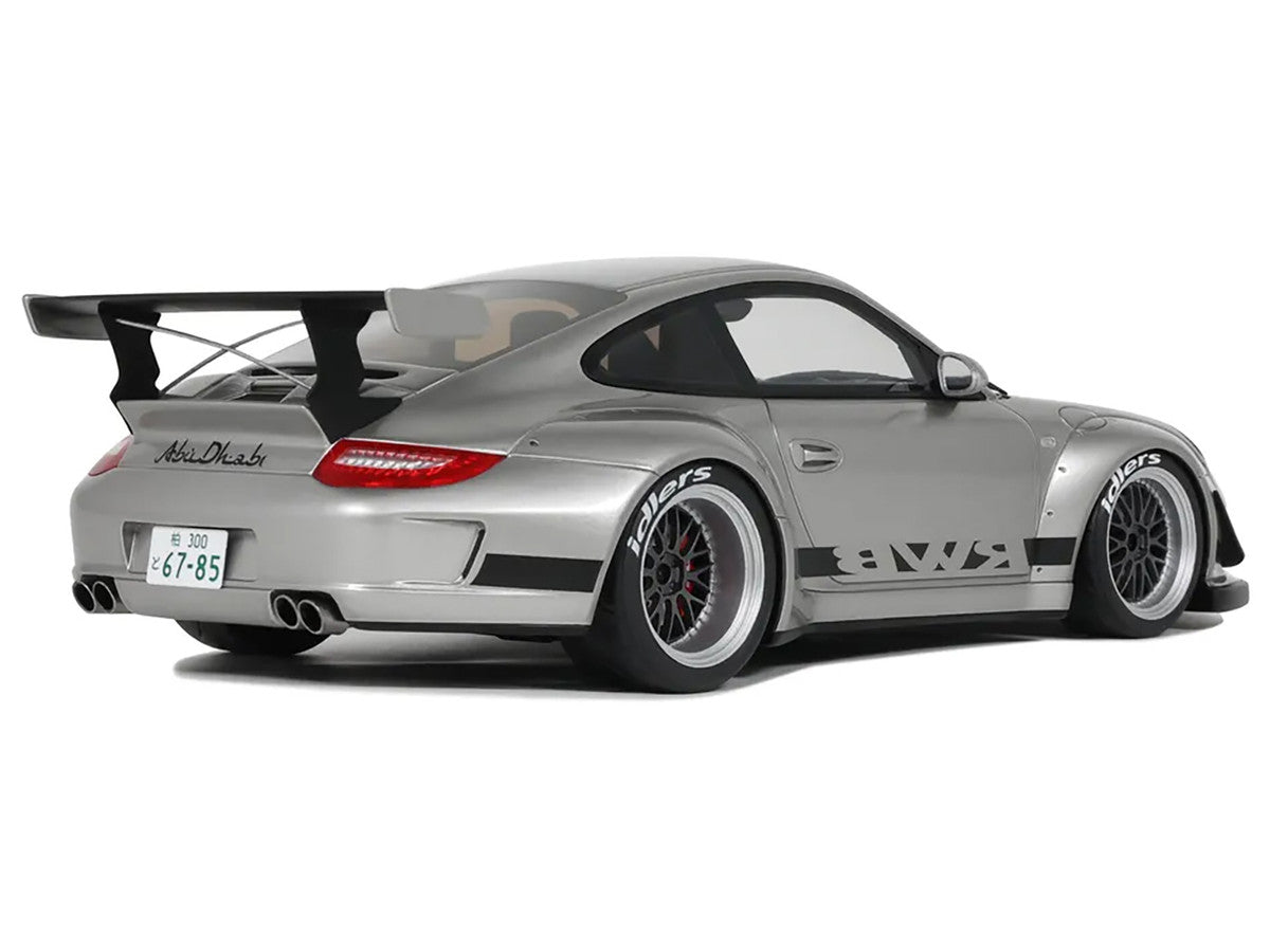 2024 Porsche 911 RWB 1/18 scale model car in silver metallic with a black hood — view 2