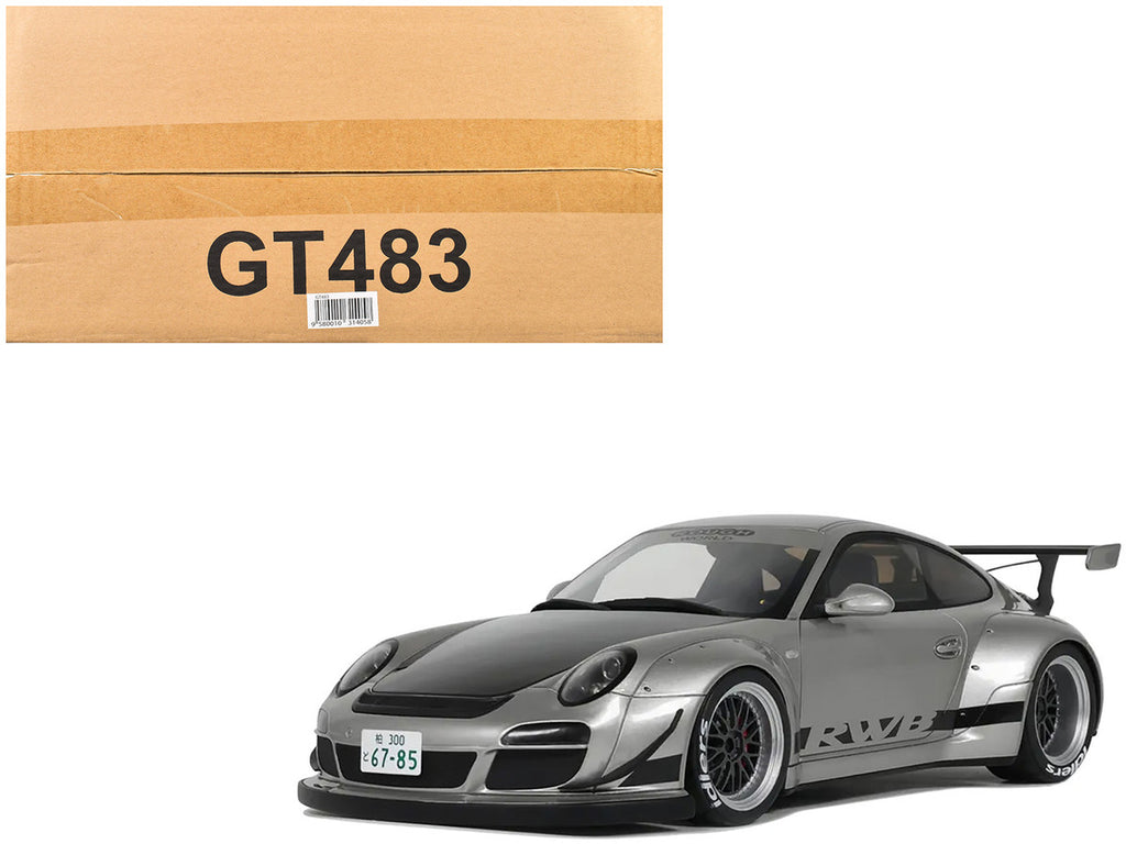 2024 Porsche 911 RWB 1/18 scale model car in silver metallic with a black hood — view 5