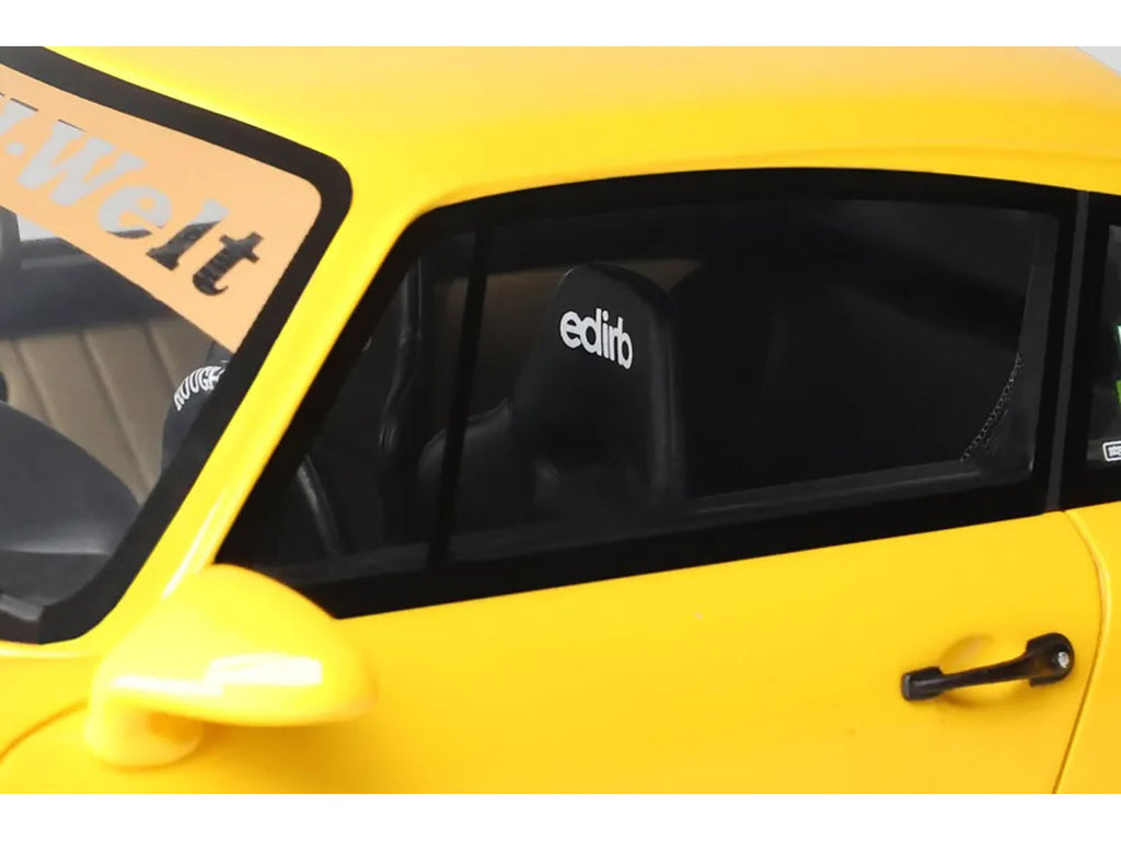 Bright yellow 1/18 scale 2024 Porsche 911 RWB Qeema resin model car with detailed exterior