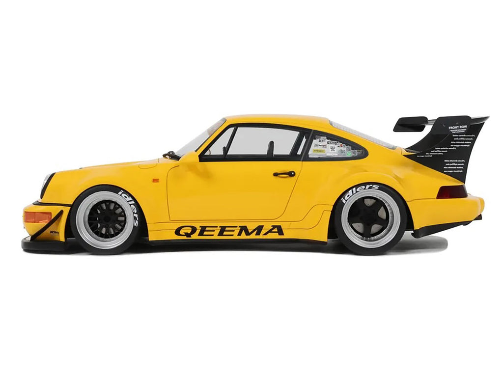 Bright yellow 1/18 scale 2024 Porsche 911 RWB Qeema resin model car with detailed exterior — view 4