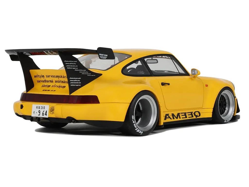 Bright yellow 1/18 scale 2024 Porsche 911 RWB Qeema resin model car with detailed exterior — view 2