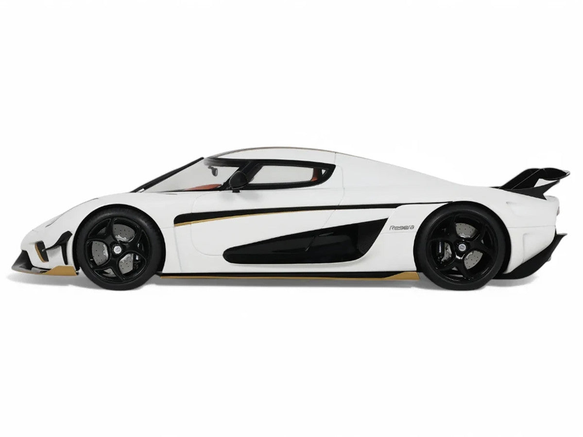 1/18 scale 2023 Koenigsegg Regera model car in white with black stripes by GT Spirit