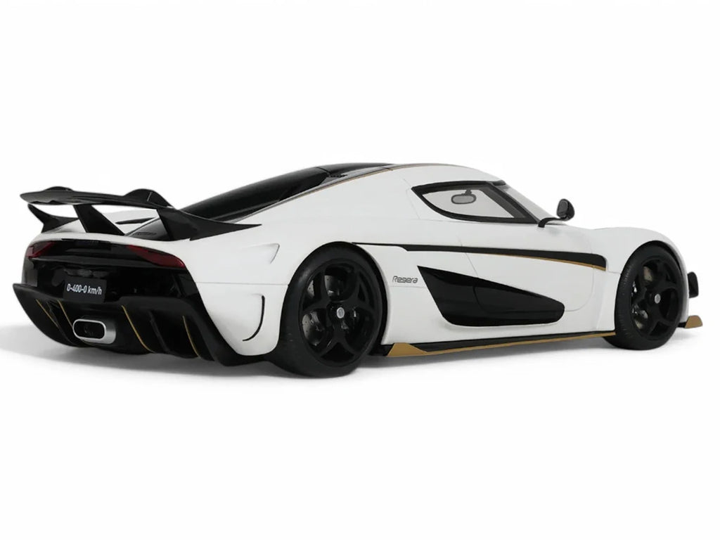 1/18 scale 2023 Koenigsegg Regera model car in white with black stripes by GT Spirit — view 2