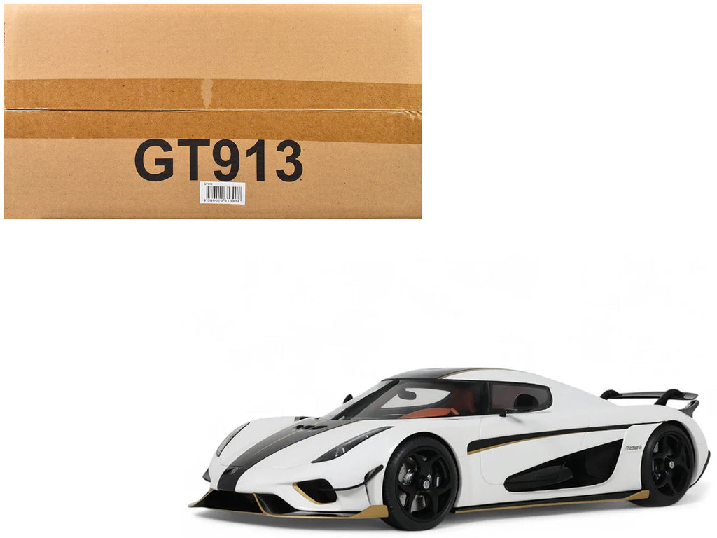 1/18 scale 2023 Koenigsegg Regera model car in white with black stripes by GT Spirit — view 5