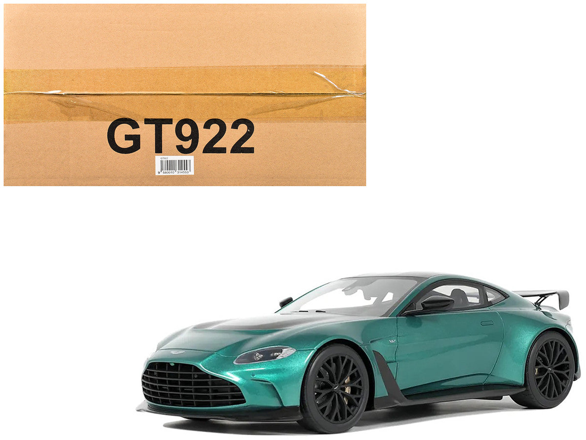 1/18 scale Aston Martin Vantage V12 model car in British Racing Green with black hood — view 5