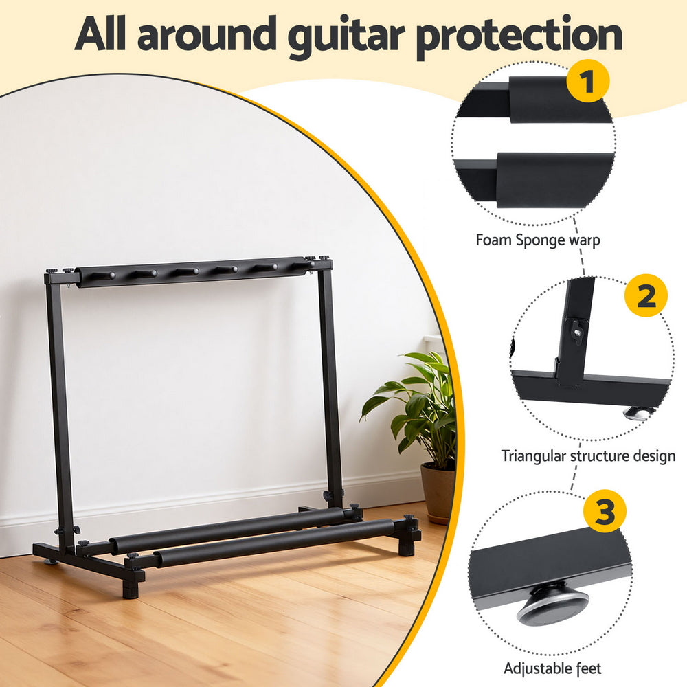 Black 5 space foldable multi guitar stand rack made of durable iron with soft padded holders — view 4