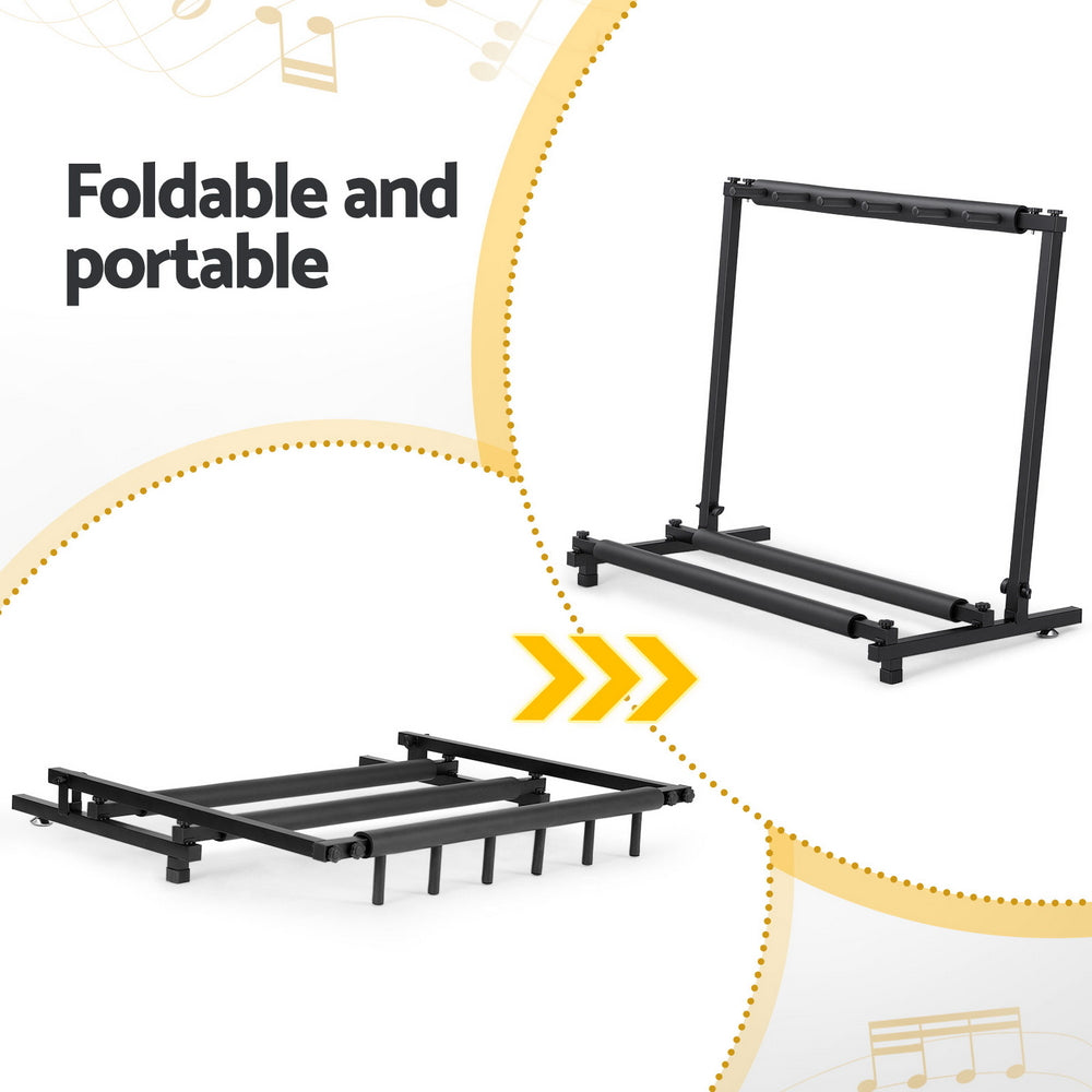 Black 5 space foldable multi guitar stand rack made of durable iron with soft padded holders — view 5