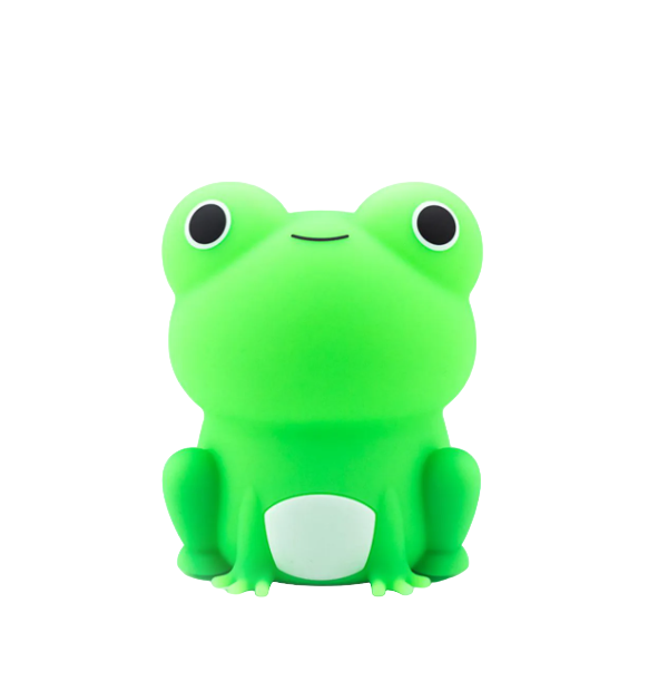 Soft silicone frog shaped sleeping night light glowing in a child's bedroom or nursery