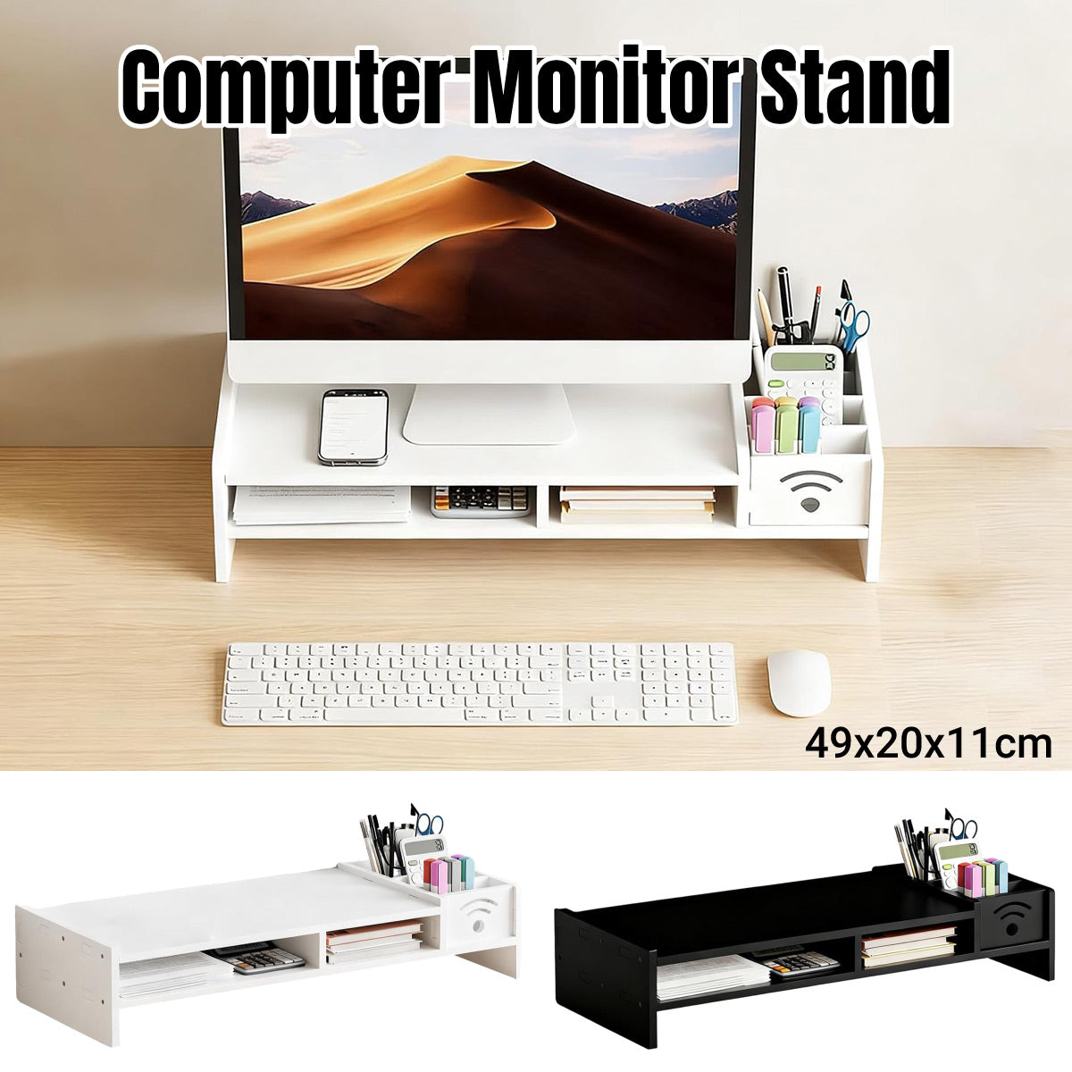 Multi-function computer monitor riser stand with side caddy and open storage shelf on a desk