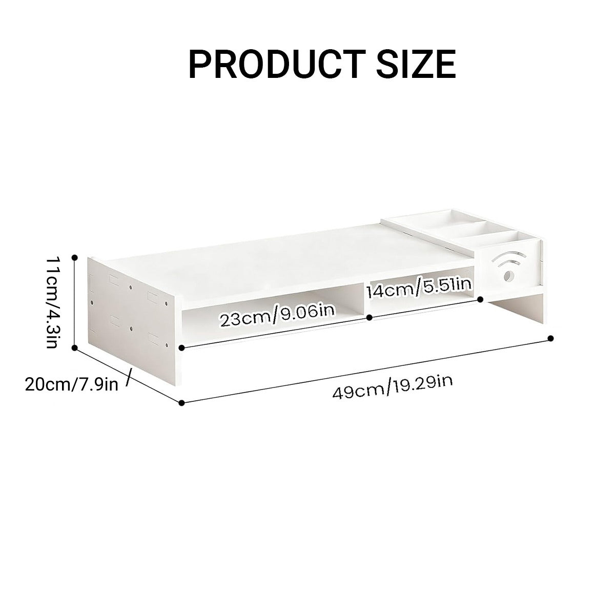 Multi-function computer monitor riser stand with side caddy and open storage shelf on a desk — view 3