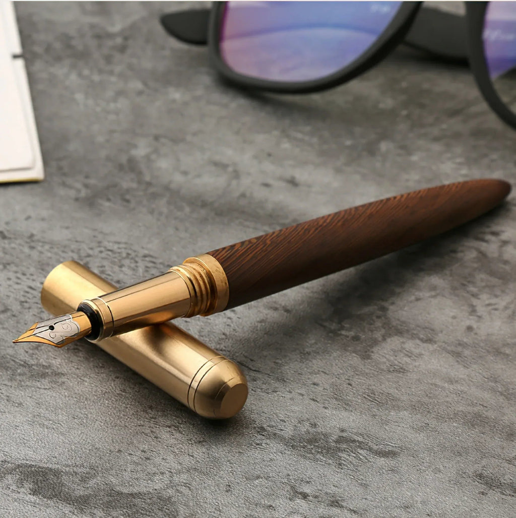 Handmade wood and solid brass fountain pen with fine iridium nib for smooth writing