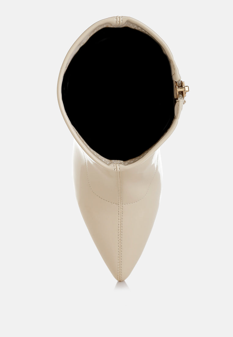 Gaias patent faux leather boots with pointed toe, metallic fantasy heels, and zipper closure. — view 5