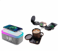 Multifunctional tech bundle featuring a folding wireless charging station, digital alarm clock, and heated mug warmer