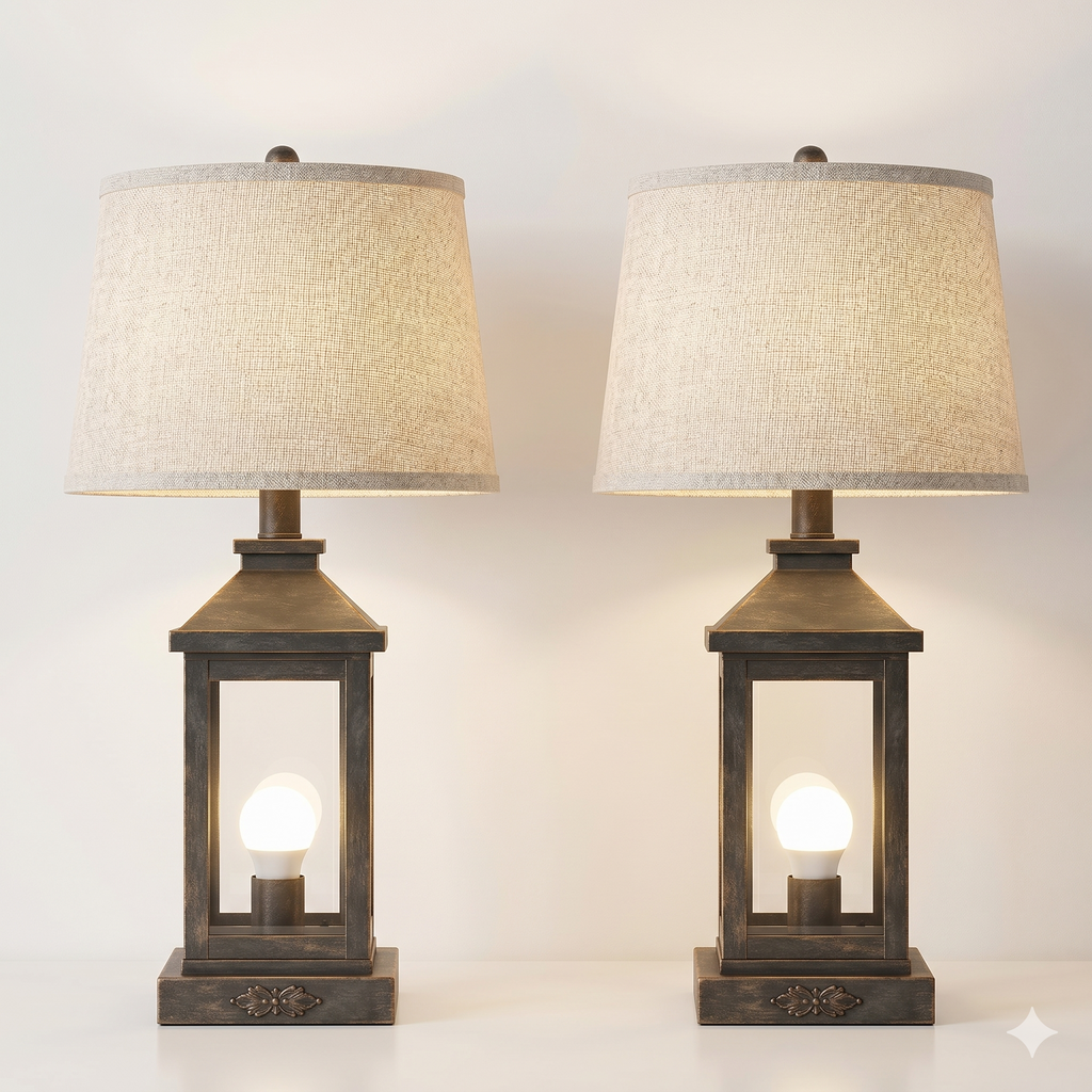 Black and gold farmhouse bedside table lamp with square metal frame and natural linen shade
