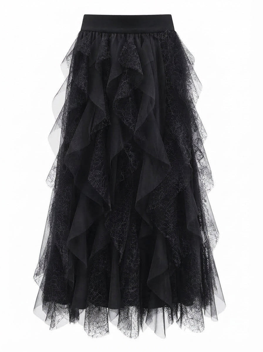 Ethereal Mesh Ruffled Midi Skirt-5