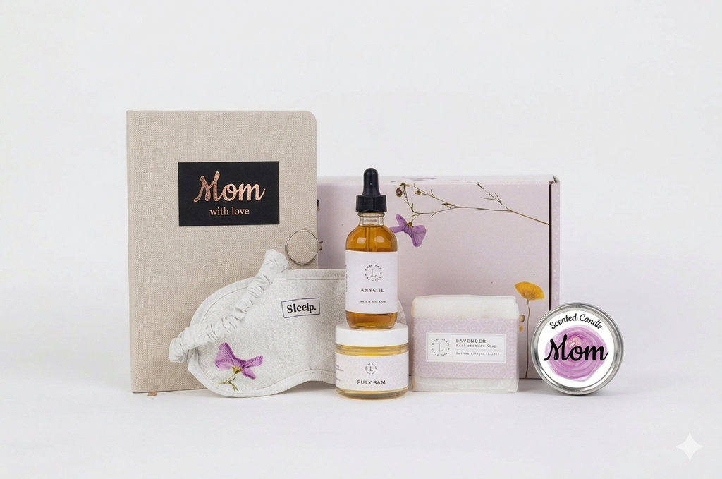 Pampering Mother's Day spa gift box with lavender soap, body oil, candle, and cotton eye mask