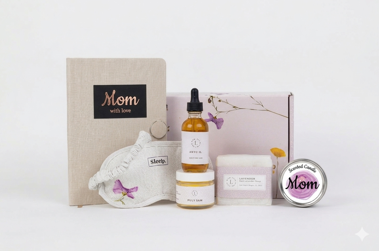 Pampering Mother's Day spa gift box with lavender soap, body oil, candle, and cotton eye mask