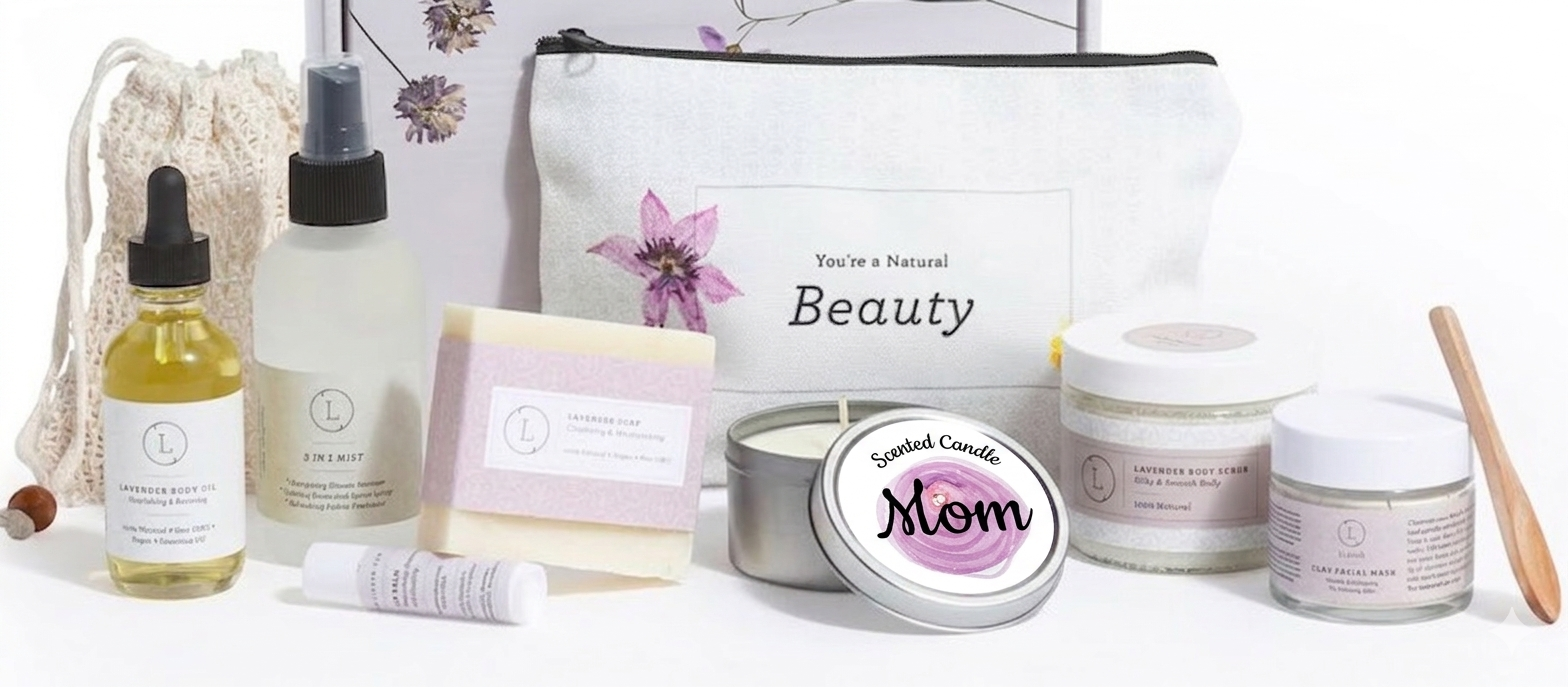 All natural lavender spa gift box featuring body scrub soap bath accessories and a soy candle — view 2