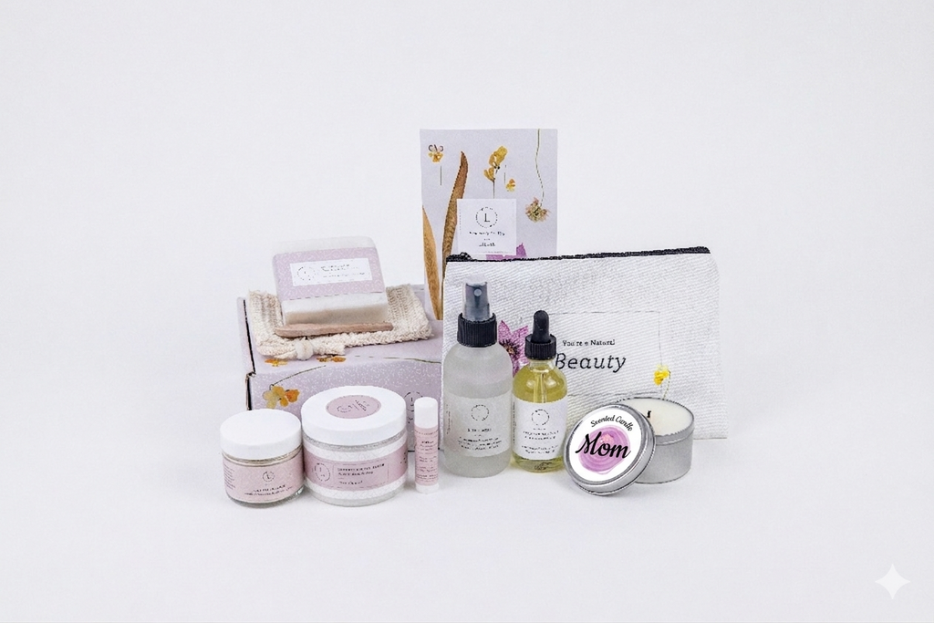 All natural lavender spa gift box featuring body scrub soap bath accessories and a soy candle