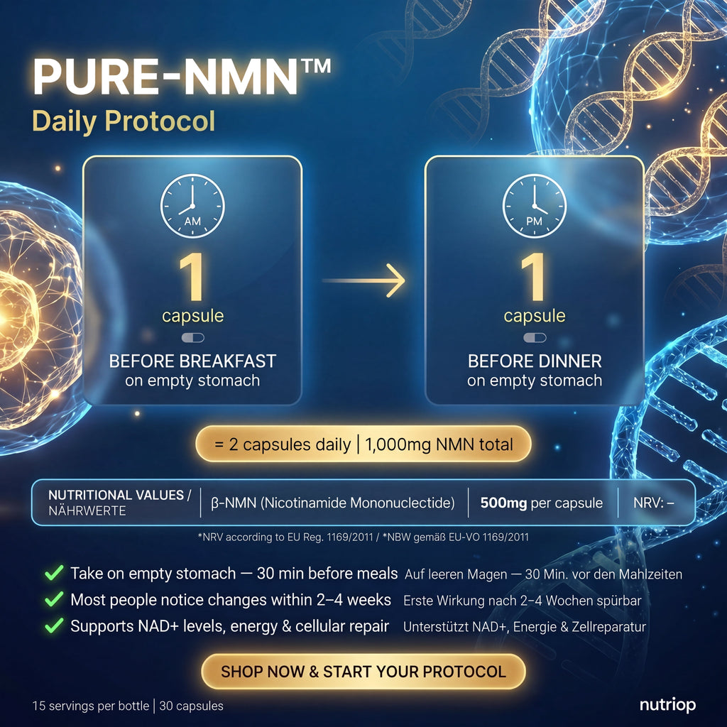 Pure NMN 500mg dietary supplement capsules in a branded Nutriop Longevity bottle — view 3