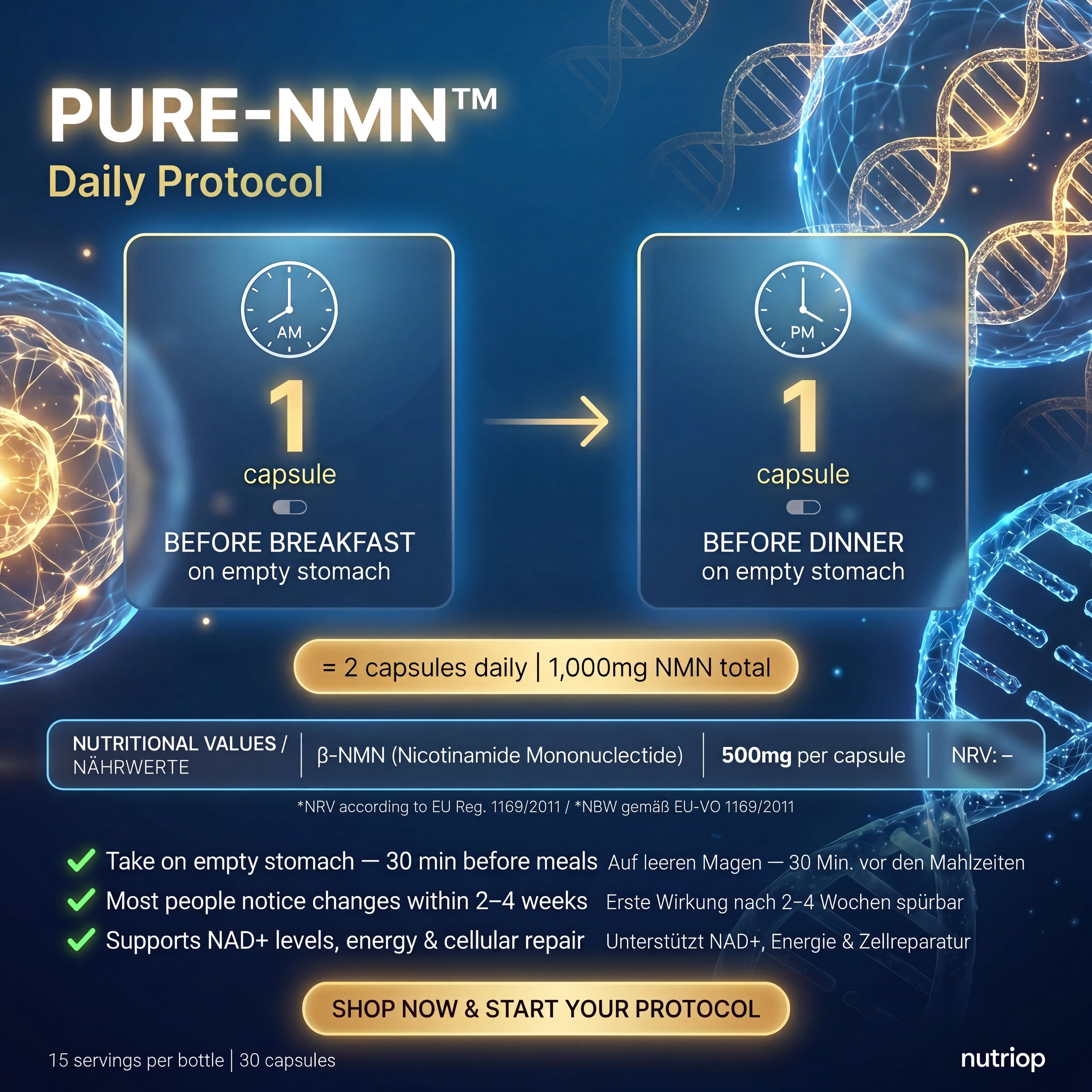 Pure NMN 500mg dietary supplement capsules in a branded Nutriop Longevity bottle — view 3