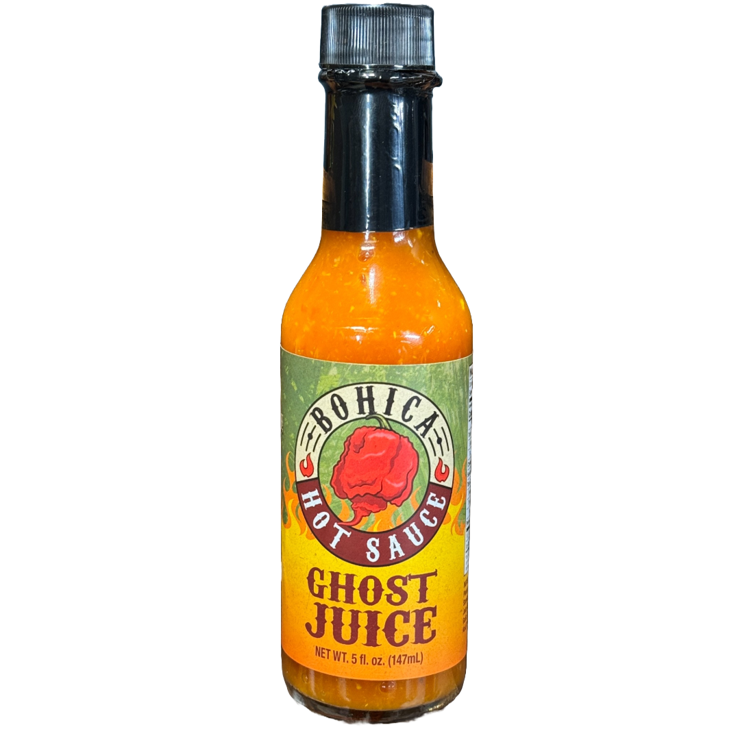 Bottle of Ghost Juice hot sauce featuring a vibrant fruity ghost pepper blend — view 2
