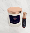 Rose Geranium aromatherapy gift set with natural candle and pulse point oil in elegant black box