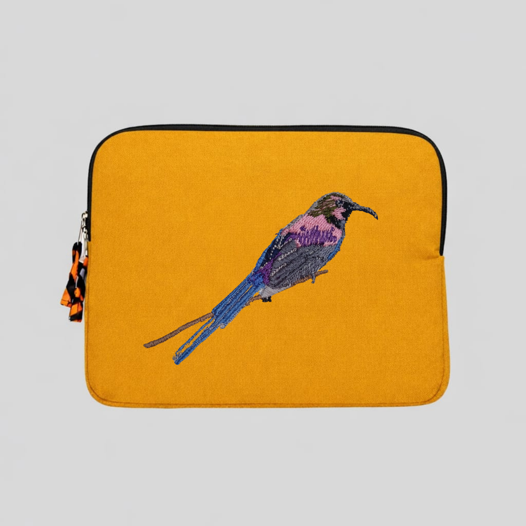 Tacazze Sunbird cotton canvas laptop sleeve featuring detailed bird embroidery in warm earthy colors — view 3