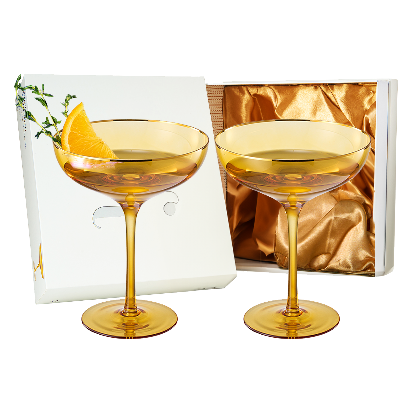 Sunset yellow coupe glasses with elegant gold rims and bubble texture for champagne and cocktails