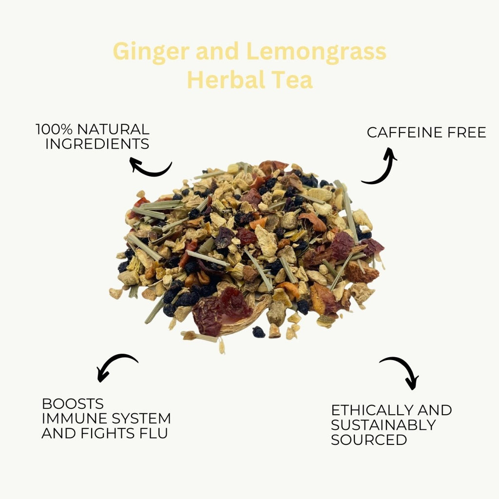 Three pouches of premium herbal loose leaf tea blends surrounded by natural fruits and flowers — view 4