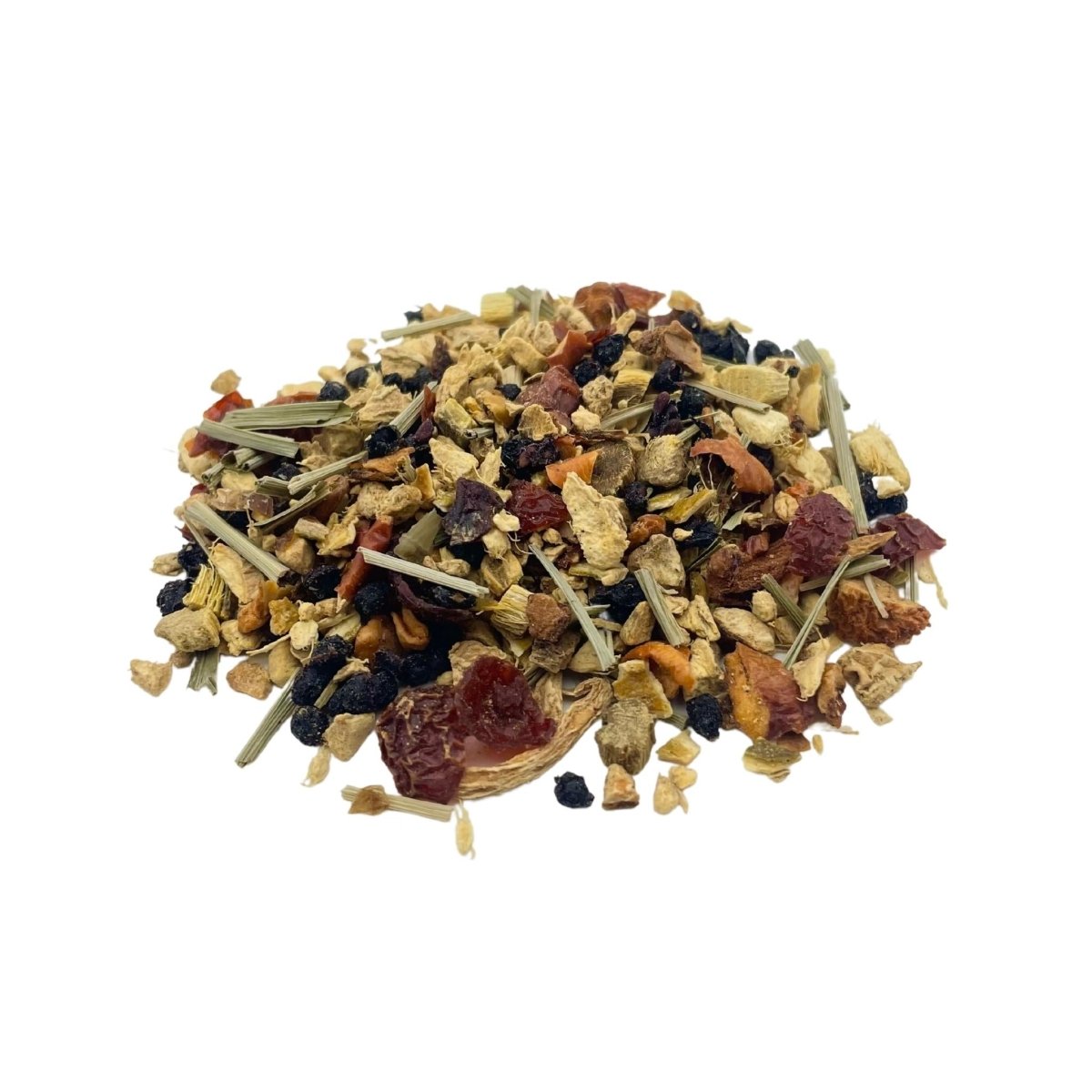 Ginger and lemongrass loose leaf tea blend with dried herbs and fruits in a cup