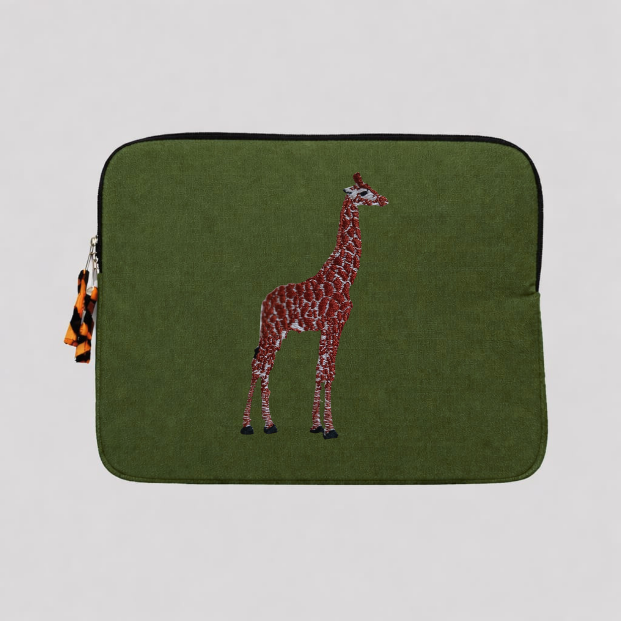 Giraffe laptop sleeve in earthy cotton canvas featuring stitched animal embroidery for 13-14 inch devices — view 3