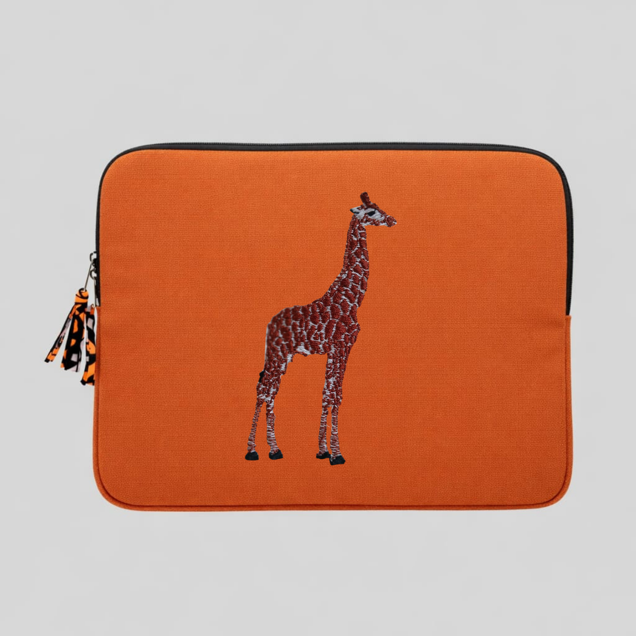 Giraffe laptop sleeve in earthy cotton canvas featuring stitched animal embroidery for 13-14 inch devices — view 4