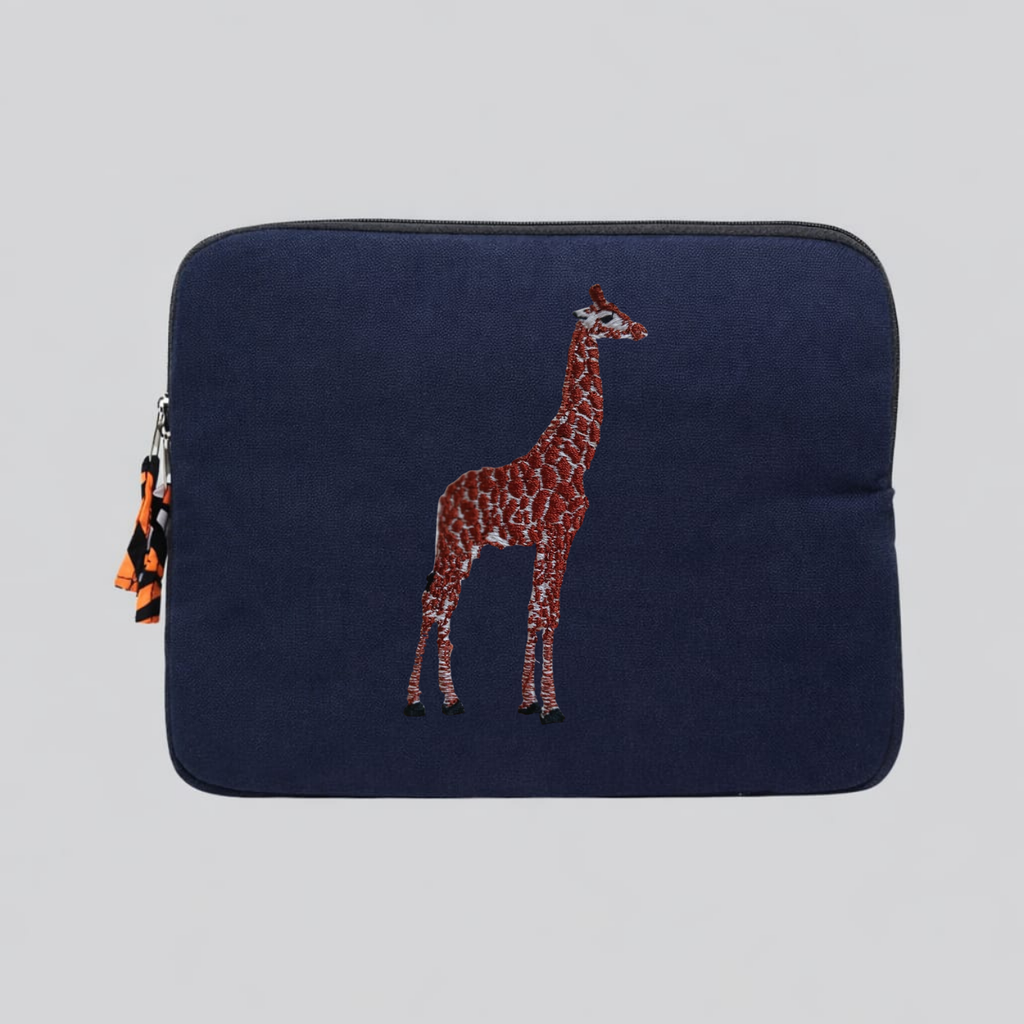 Giraffe laptop sleeve in earthy cotton canvas featuring stitched animal embroidery for 13-14 inch devices