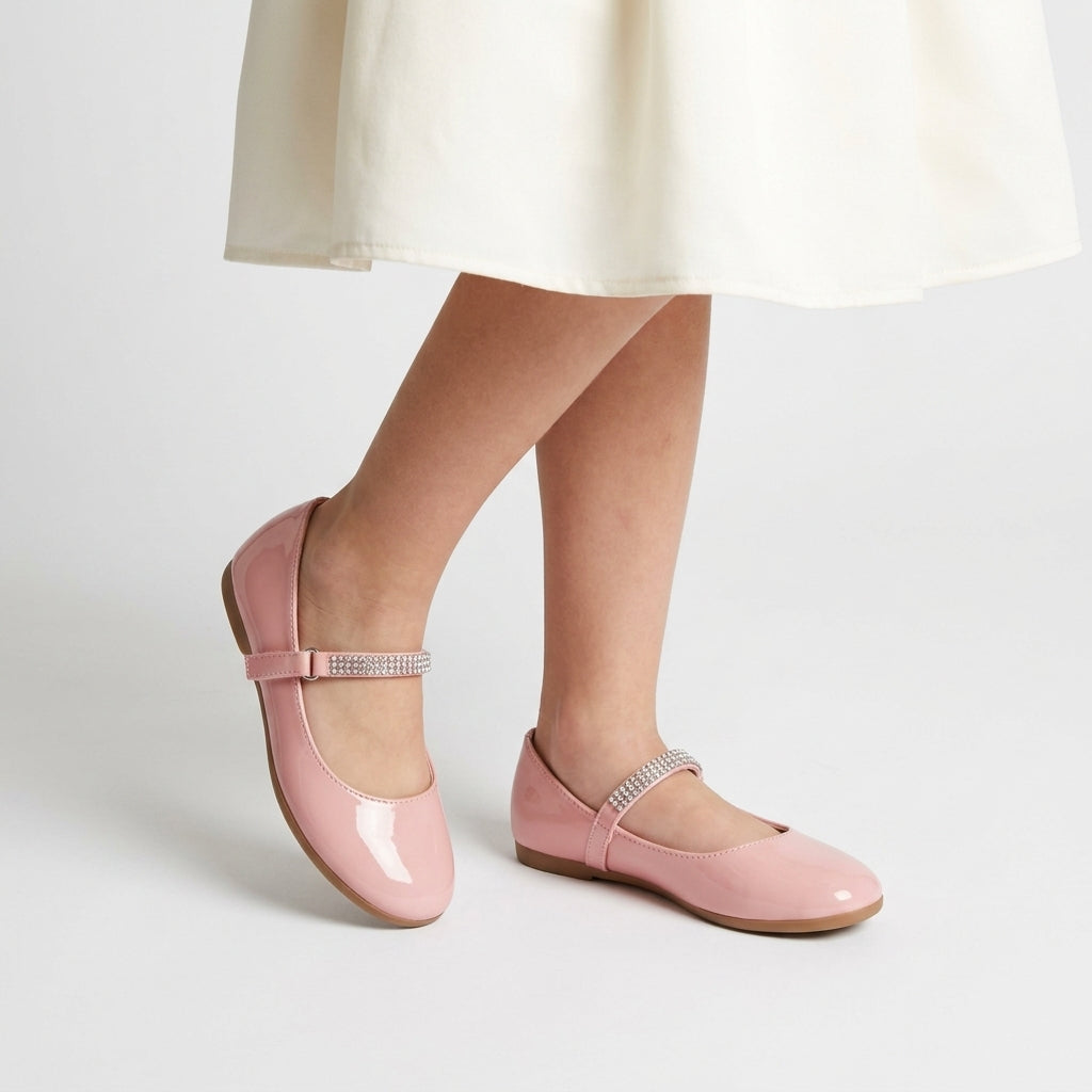 Girls classic leatherette ballerina flats featuring a slip-on design and large decorative front bow — view 2